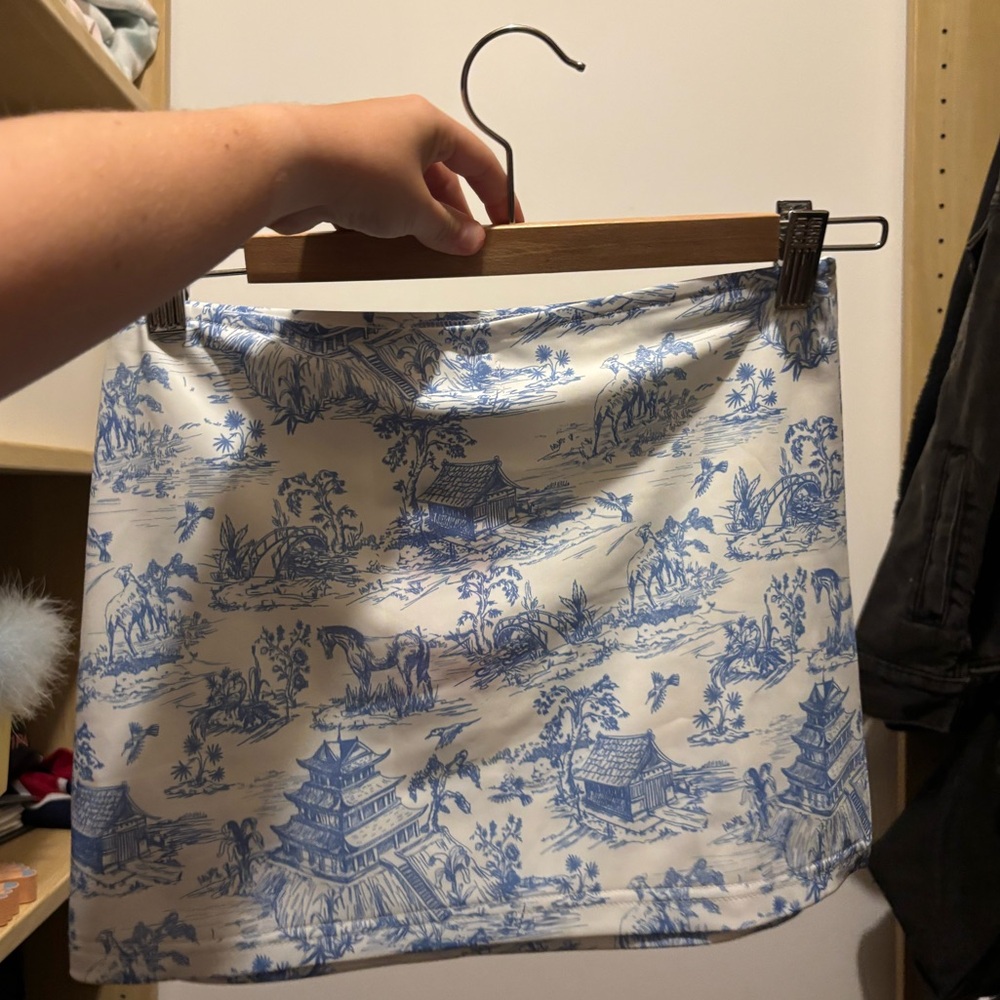 Edikted Blue and White Scenic Mini Skirt